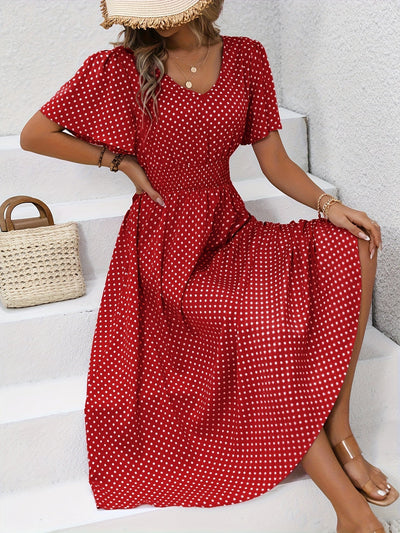 Polka Dot Sommerkleid Damen – Luftiges V-Ausschnitt Midi-Kleid