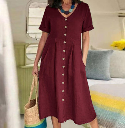 Louise – Lockeres Kleid aus Baumwolle und Leinen mit hohem Bund