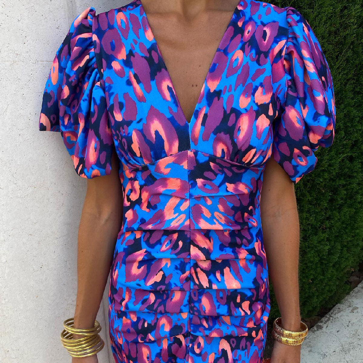 Damen Midikleid mit Puffärmeln und Animal-Print – Elegantes Sommerkleid für besondere Anlässe