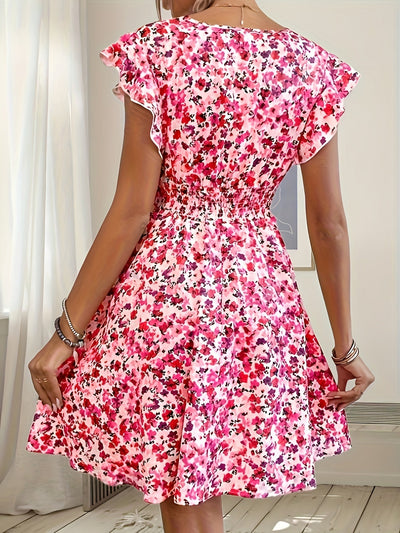 Elegantes A-Linien-Kleid – Blumenmuster, Kreuzhalsausschnitt, luftig