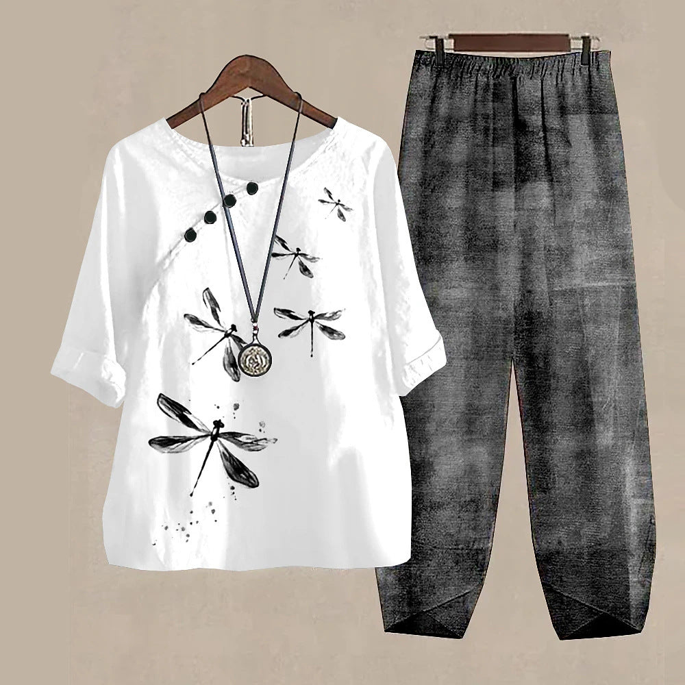 Damen Zweiteiliges Set Casual mit 3D Libellenmuster – Lockeres Halbarm Oberteil und Hose, Alltag & Freizeit, Asiatischer Stil