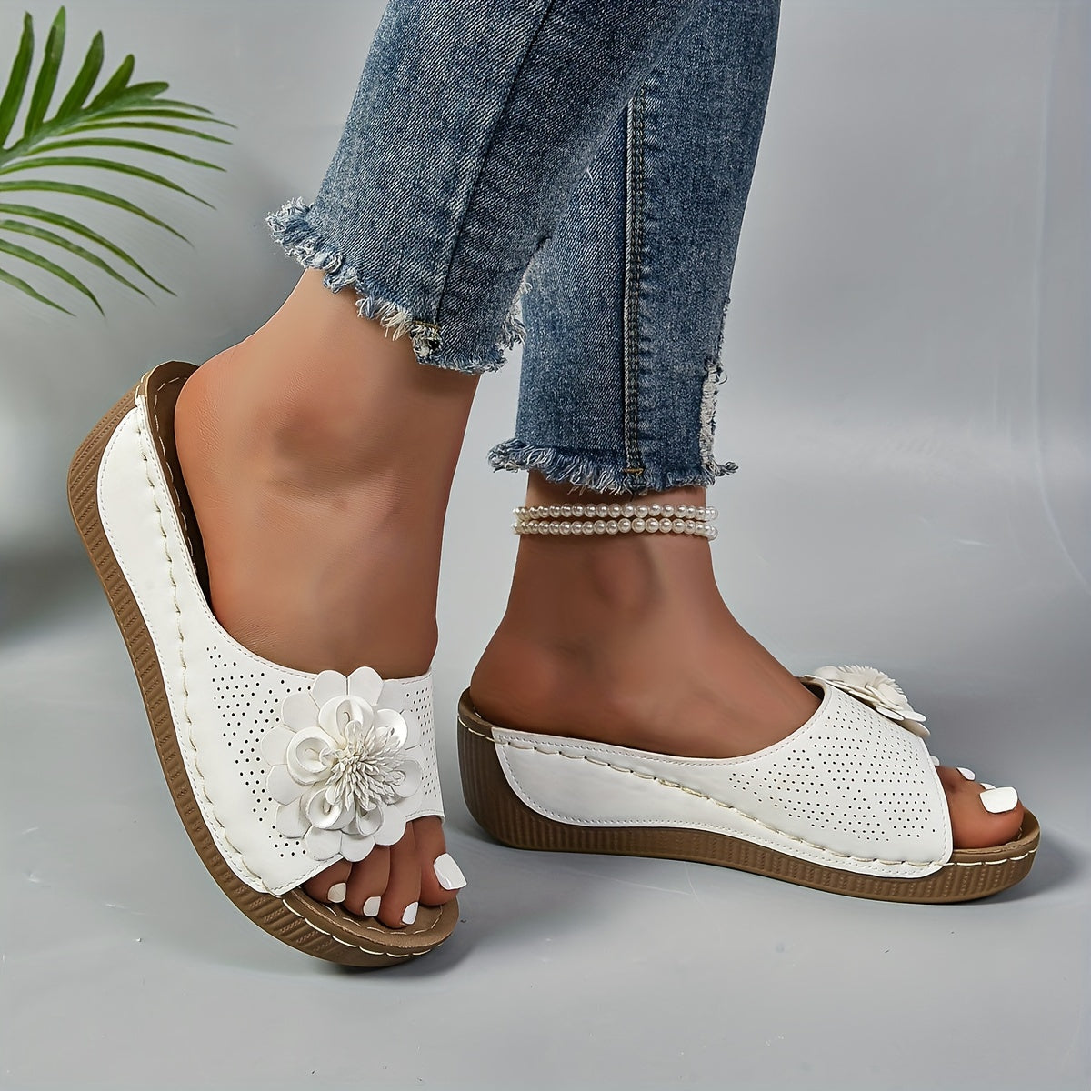 Keilabsatz Sandalen Bequeme Slip-On Schuhe mit Blumen-Deko