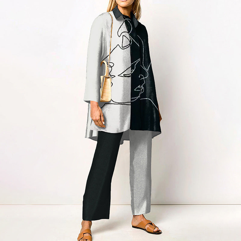 Damen Zweiteiler Set mit grafischem Muster – Eleganter Freizeitanzug für Büro & Alltag