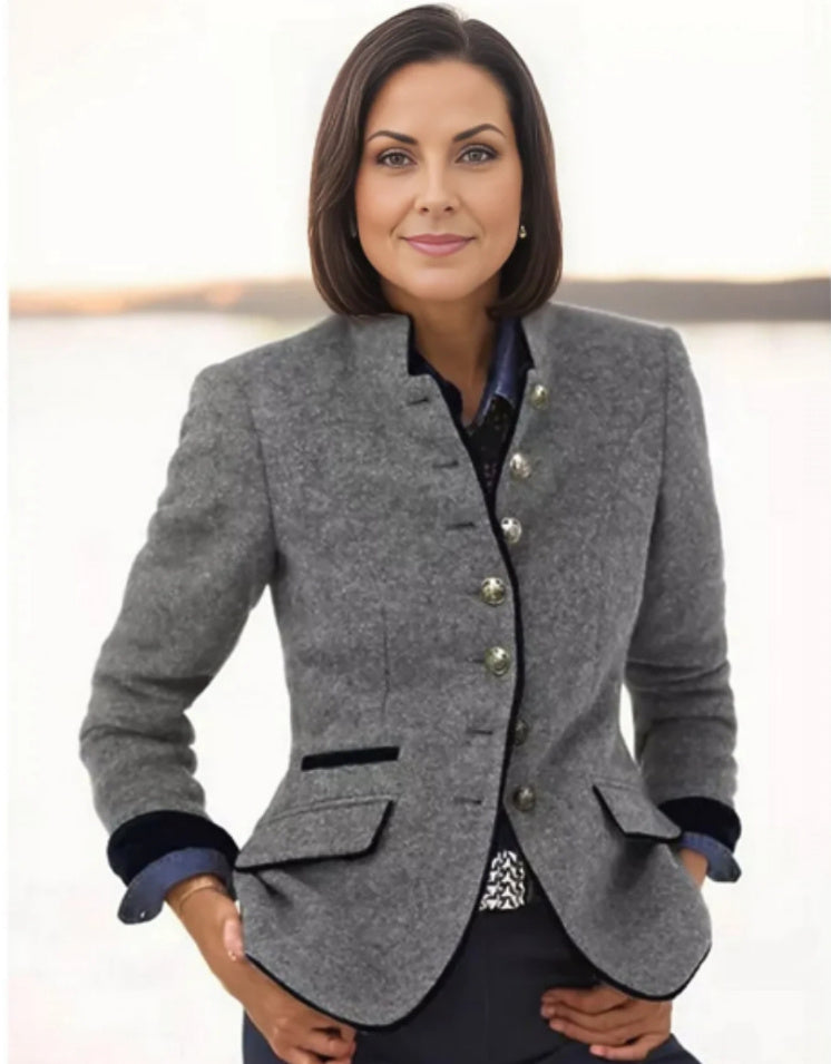 Eleganter Damen Wollmix Blazer mit Stehkragen und Kontrastdetails – Herbststil