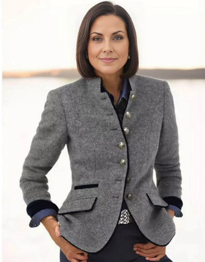 Eleganter Damen Wollmix Blazer mit Stehkragen und Kontrastdetails – Herbststil