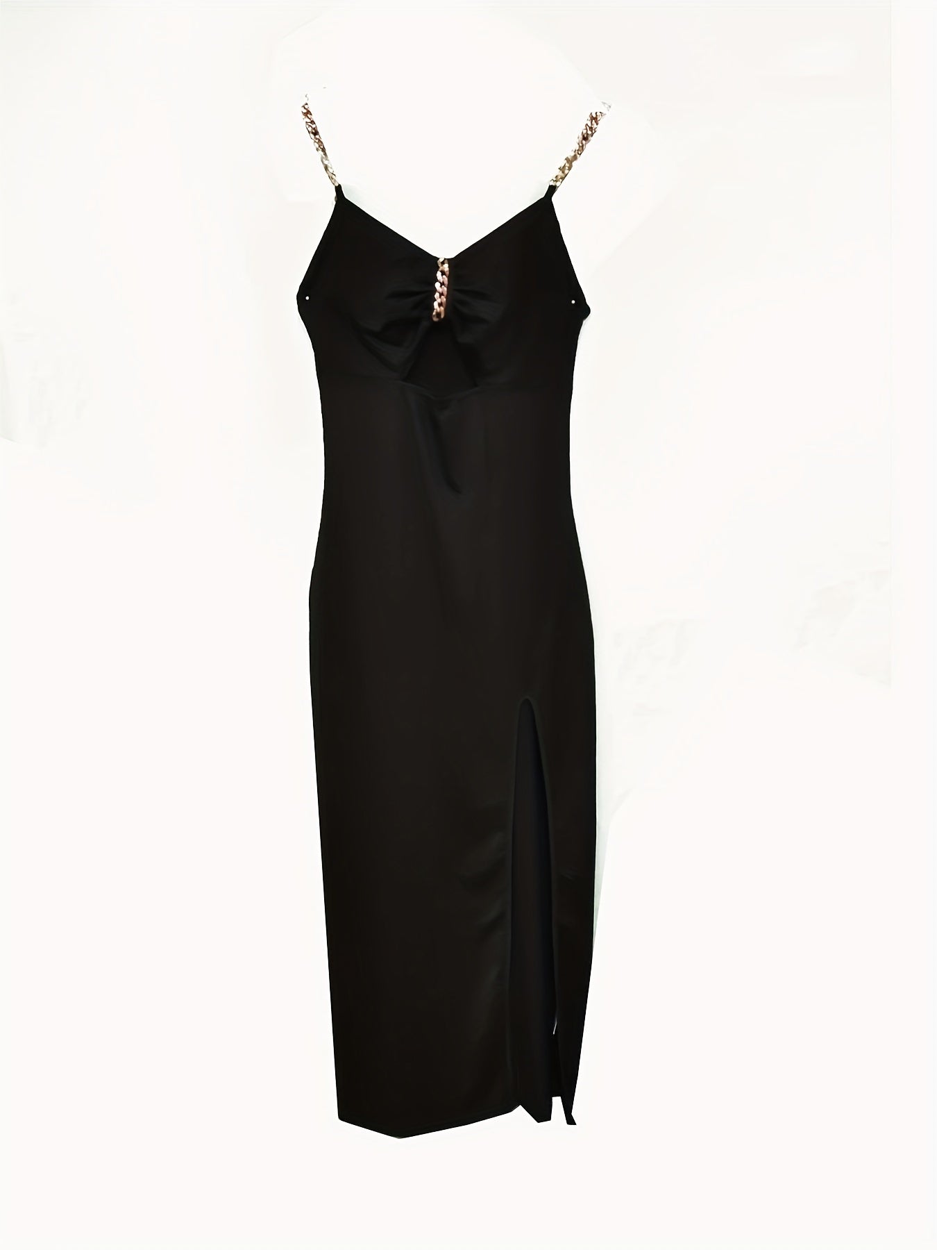 Schwarzes Cami Kleid Ärmelloses V-Ausschnitt Partykleid mit Ketten Träger