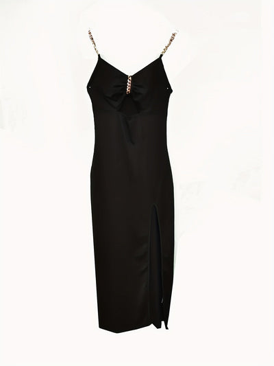 Schwarzes Cami Kleid Ärmelloses V-Ausschnitt Partykleid mit Ketten Träger