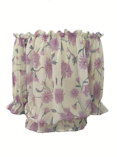 Leichte Schulterfrei Chiffon Bluse – Florales Design Laternenärmel