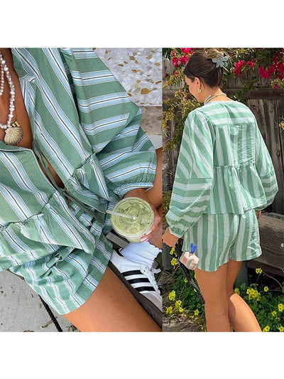 Anne – Gestreiftes Rüschentop mit Schnürung und Laternenärmeln