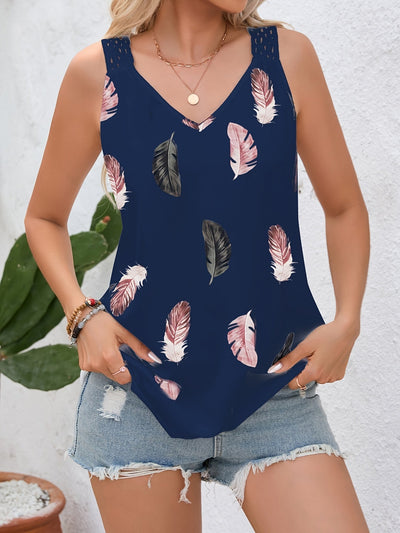 V-Ausschnitt Top mit Spitze & Print – Sommerliches ärmelloses Shirt Atmungsaktiv