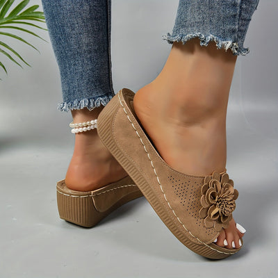 Keilabsatz Sandalen Bequeme Slip-On Schuhe mit Blumen-Deko