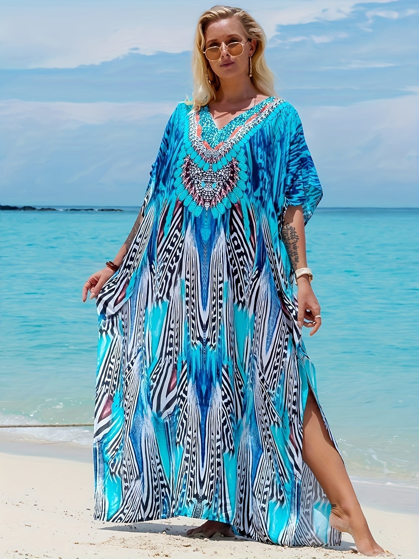 V-Ausschnitt Kaftankleid – Langes Blumenkleid mit Fledermausärmeln