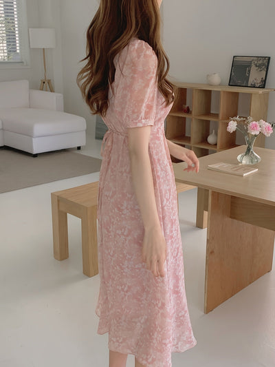 Elegantes Chiffon-Midikleid – Blumenmuster, V-Ausschnitt & Puffärmel