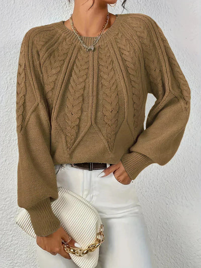 Damen Zopfstrick Pullover mit Rundhalsausschnitt