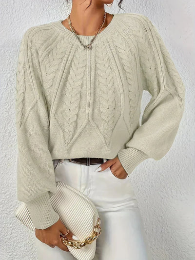 Damen Zopfstrick Pullover mit Rundhalsausschnitt