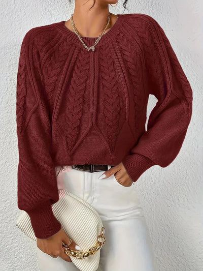 Damen Zopfstrick Pullover mit Rundhalsausschnitt