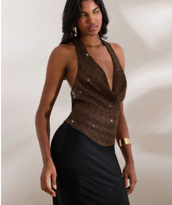 Clara - Glänzendes Netz-Top mit Neckholder-Ausschnitt