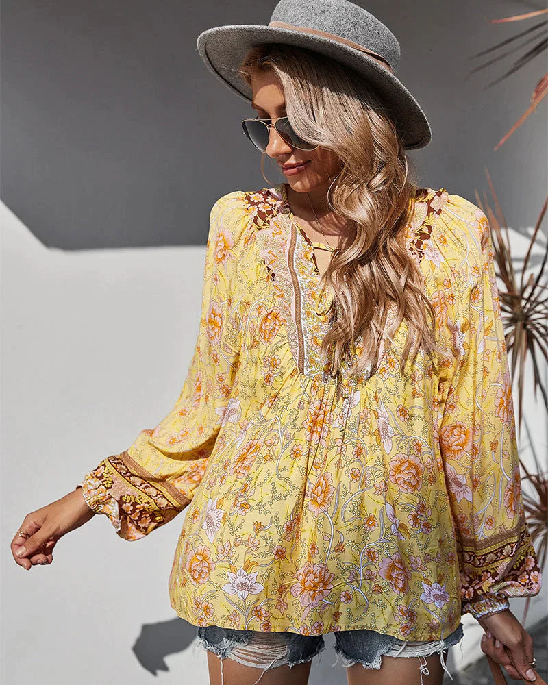 Vintage Boho Sommerbluse mit Blumenprint und langen Ärmeln – Sana