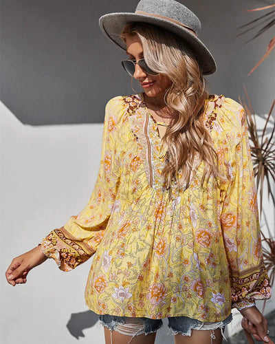 Vintage Boho Sommerbluse mit Blumenprint und langen Ärmeln – Sana