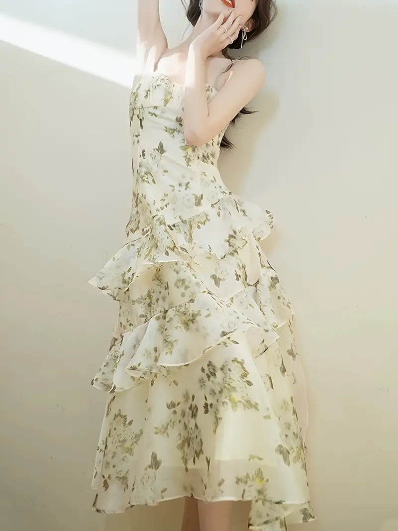 Grünes Blumenkleid – Elegantes Sommerkleid mit Spaghettiträgern, leicht & stilvoll