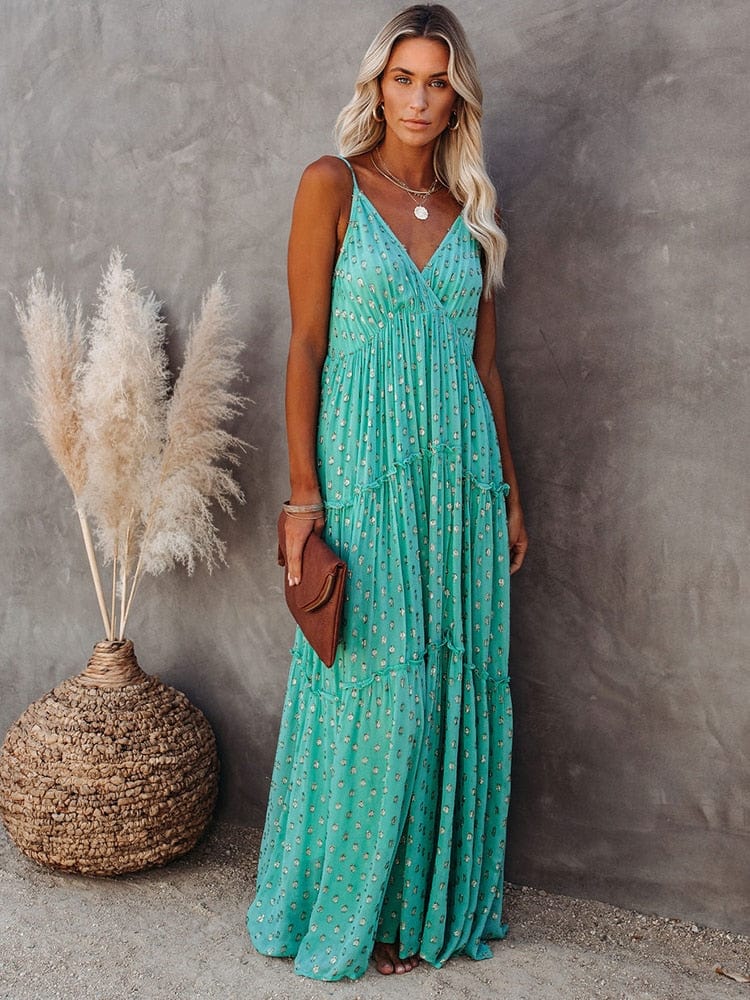Evi™ Grüne Maxi-Kleid mit V-Ausschnitt und sommerlichem Ibiza-Muster