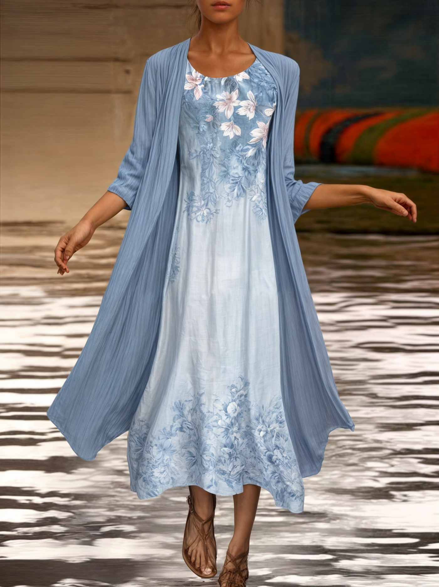 Stilvol Geblümtes A-Linien Kleid mit Weste für Damen – Miray