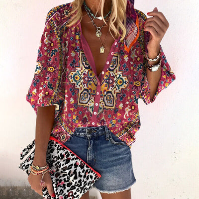 Damen Sommerbluse mit V-Ausschnitt und Grafikdruck