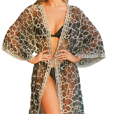 Rosie – Transparentes Strandkleid mit Blumen, Frontschleife und Häkelspitze