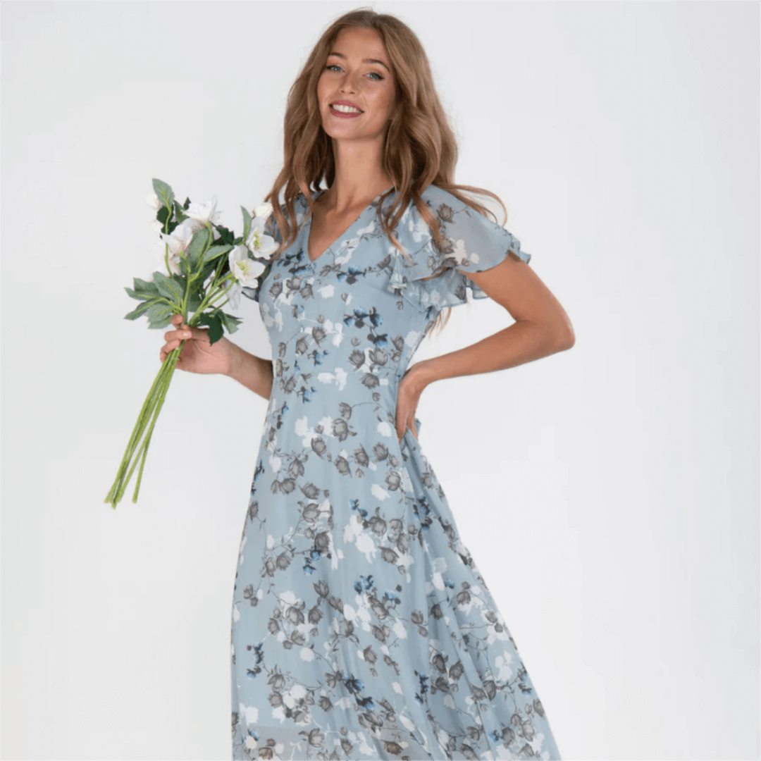 Cherie - Damen Sommer Formelles Blumen Hochzeitsgast Kleid Maxi
