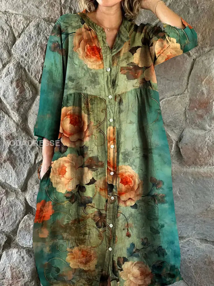 Elegantes Midi Kleid mit Vintage Bohemian Blumenmuster, V-Ausschnitt und Drei-Viertel-Ärmeln