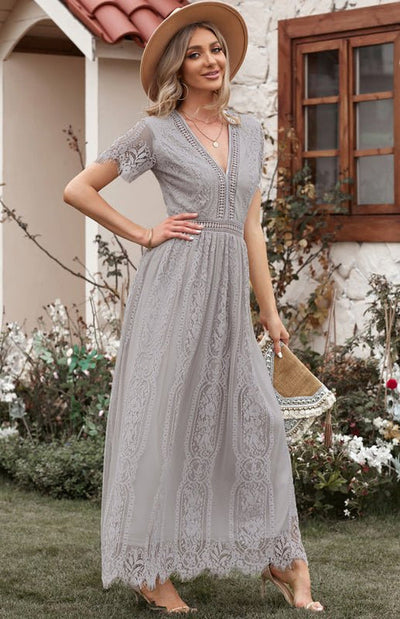 Élise Elegante Lange Kleid mit Offenen Details – Schicke Kurzarm Maxikleid