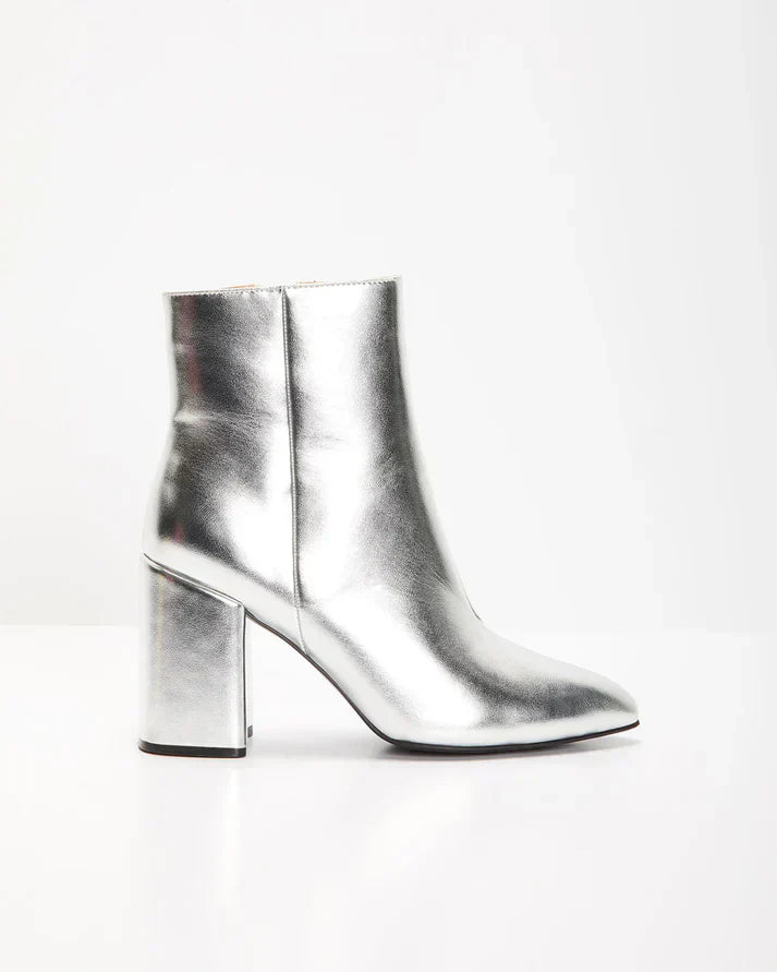 Damen Stiefeletten Metallic Look | Silber Blockabsatz